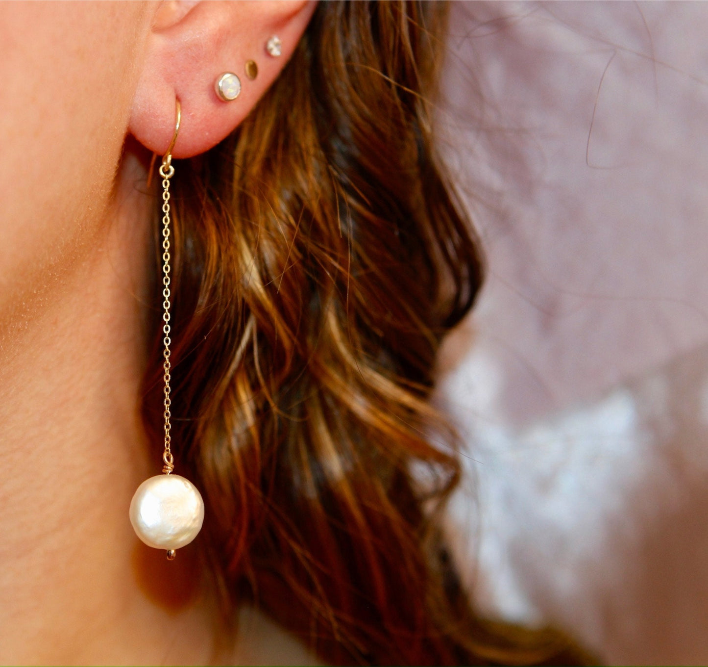 Freshwater Coin Pearl Drop Dangly Earrings Available in 14k Gold Fill and Sterling Silver