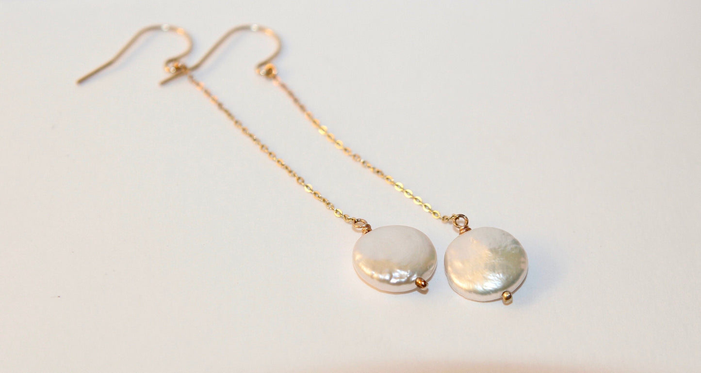 Freshwater Coin Pearl Drop Dangly Earrings Available in 14k Gold Fill and Sterling Silver