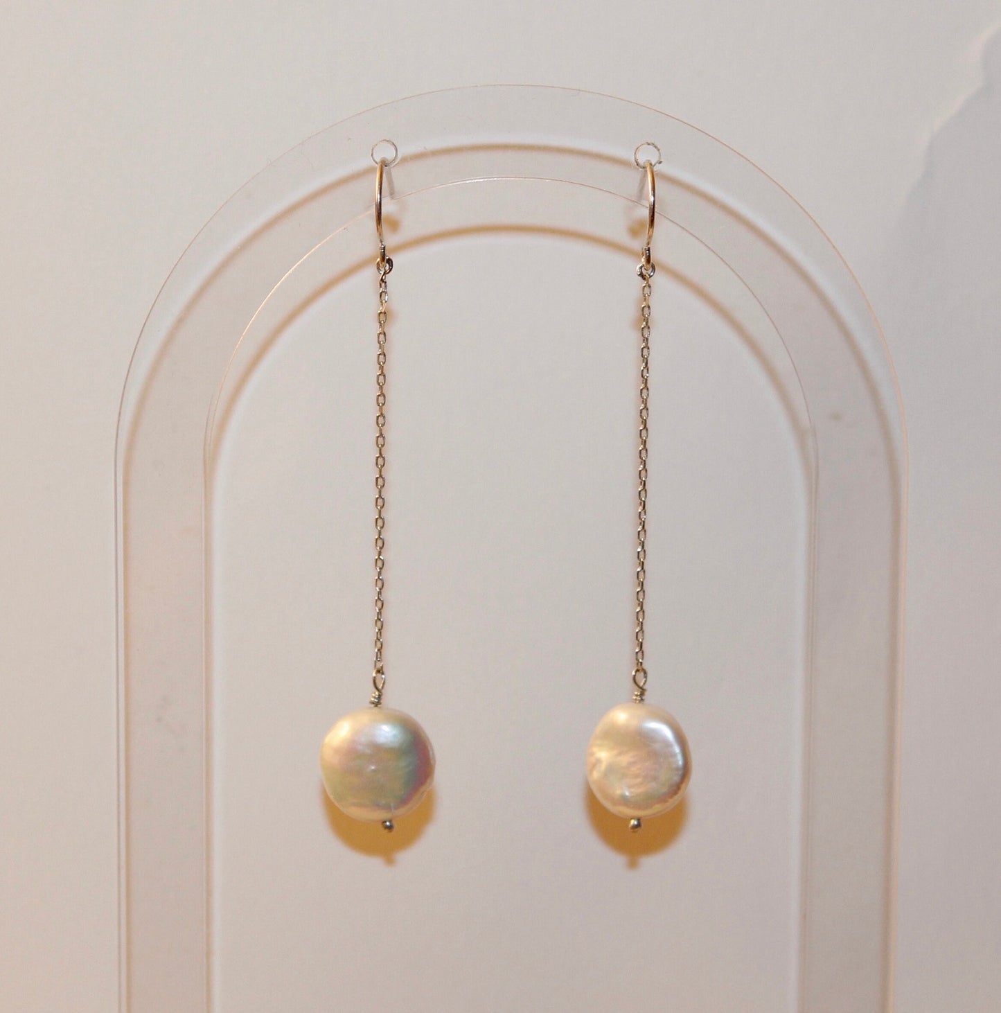 Freshwater Coin Pearl Drop Dangly Earrings Available in 14k Gold Fill and Sterling Silver