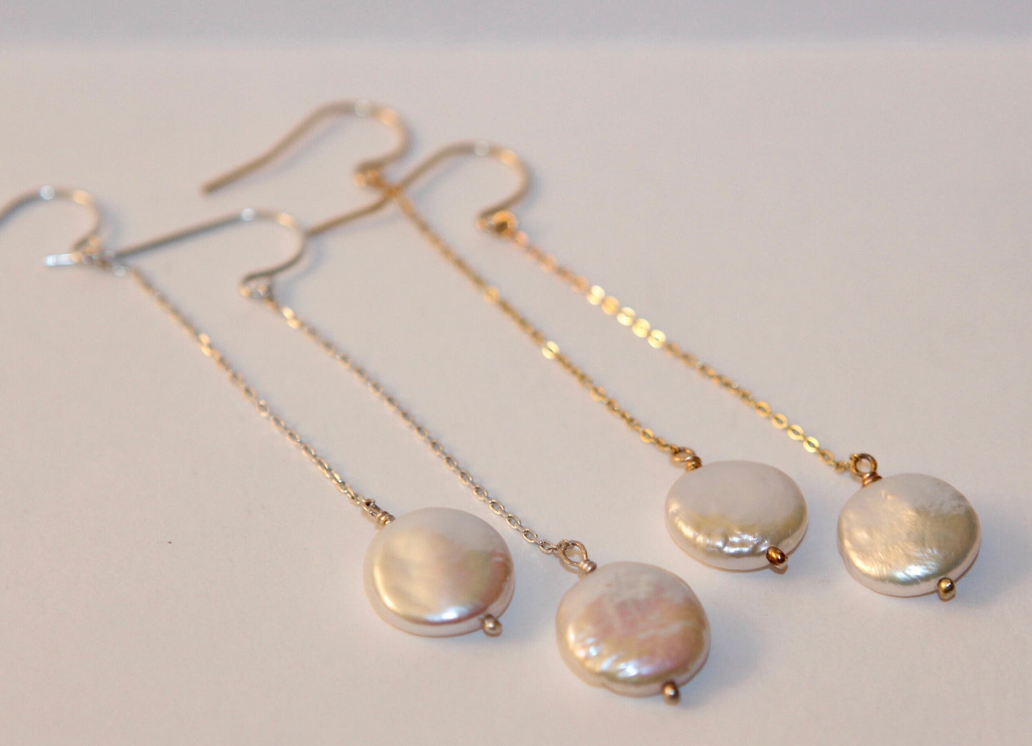 Freshwater Coin Pearl Drop Dangly Earrings Available in 14k Gold Fill and Sterling Silver