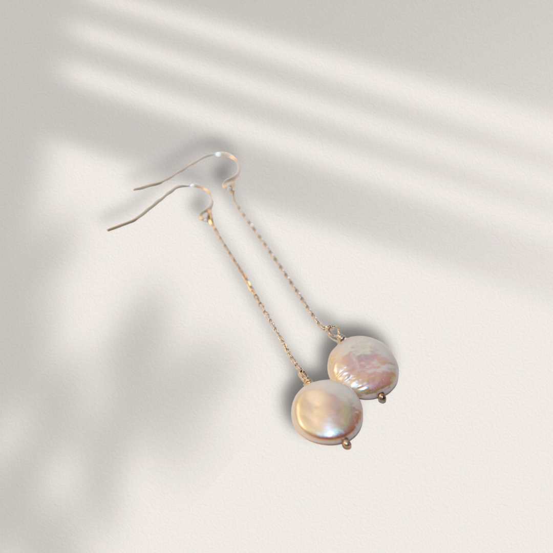 Freshwater Coin Pearl Drop Dangly Earrings Available in 14k Gold Fill and Sterling Silver