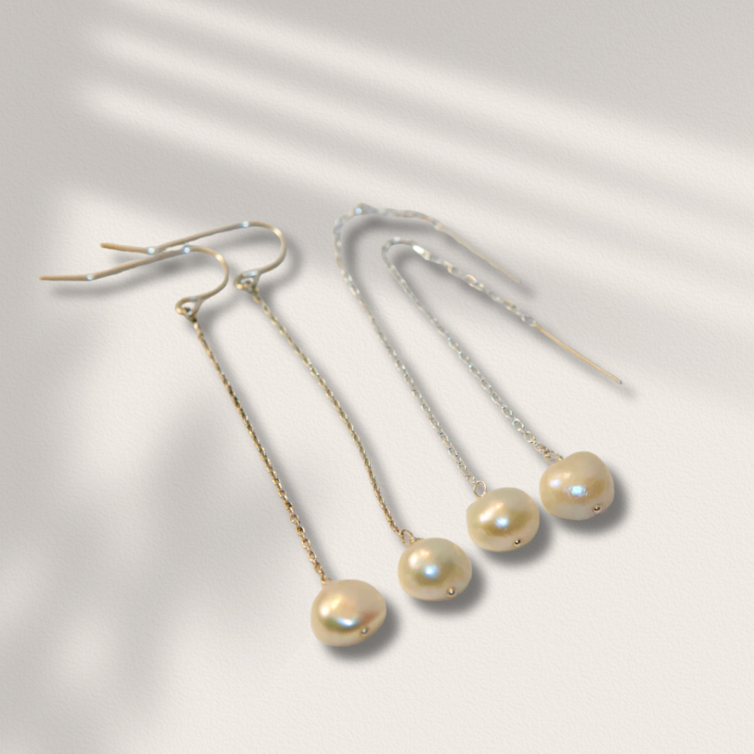 Freshwater Coin Pearl Drop Dangly Earrings Available in 14k Gold Fill and Sterling Silver