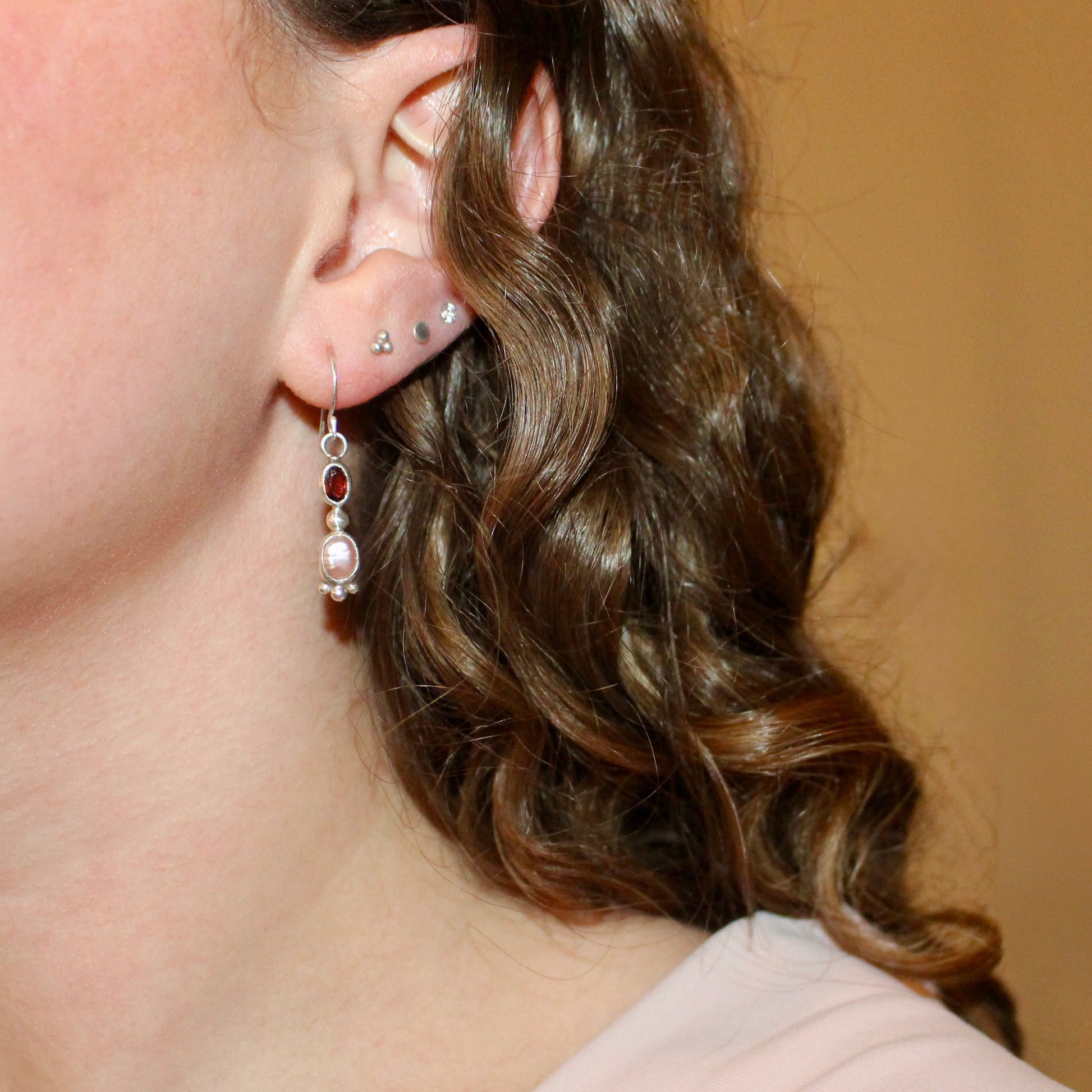 Garnet & Pink Baroque Pearl Drop Earrings