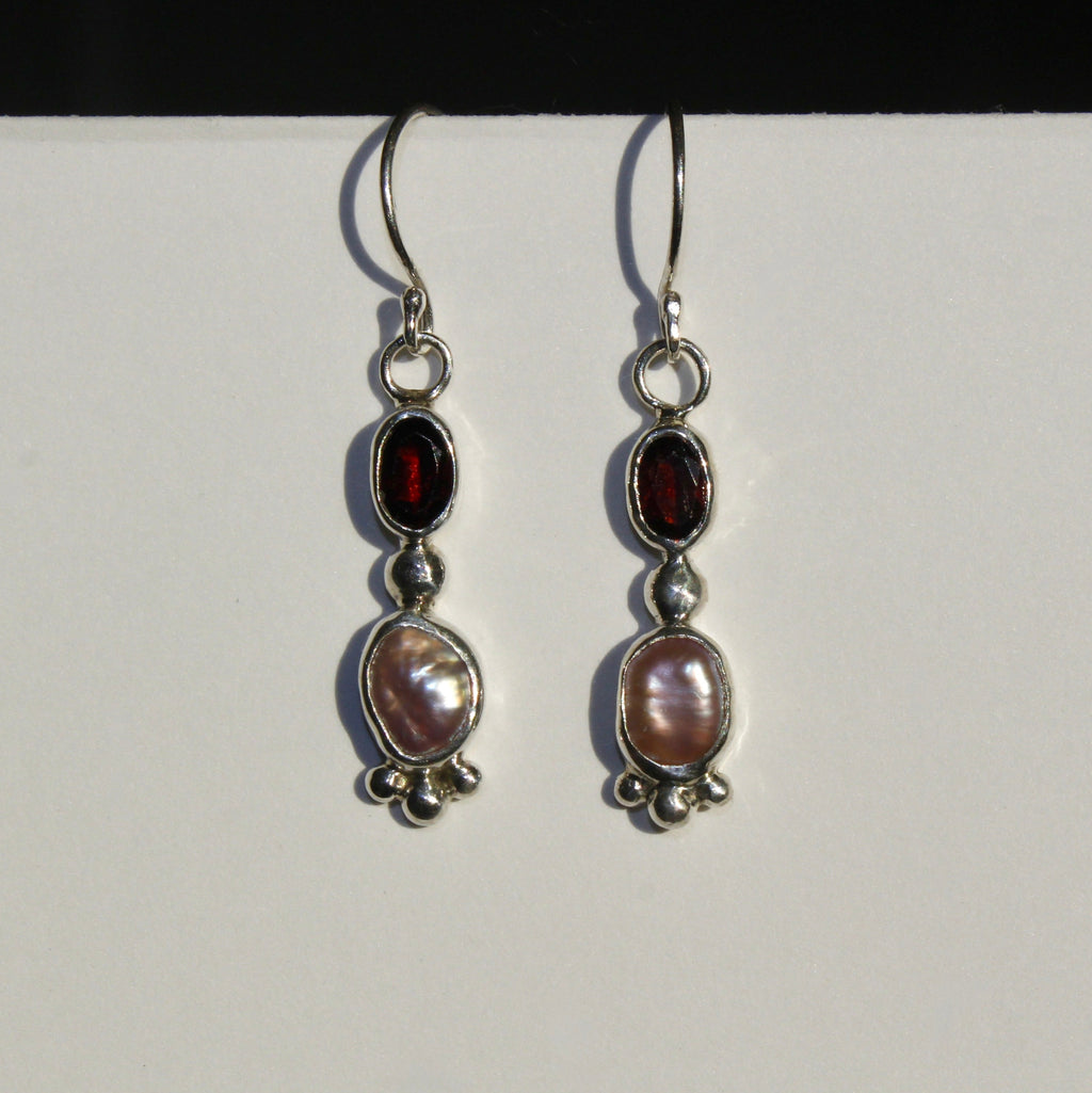 Garnet & Pink Baroque Pearl Drop Earrings