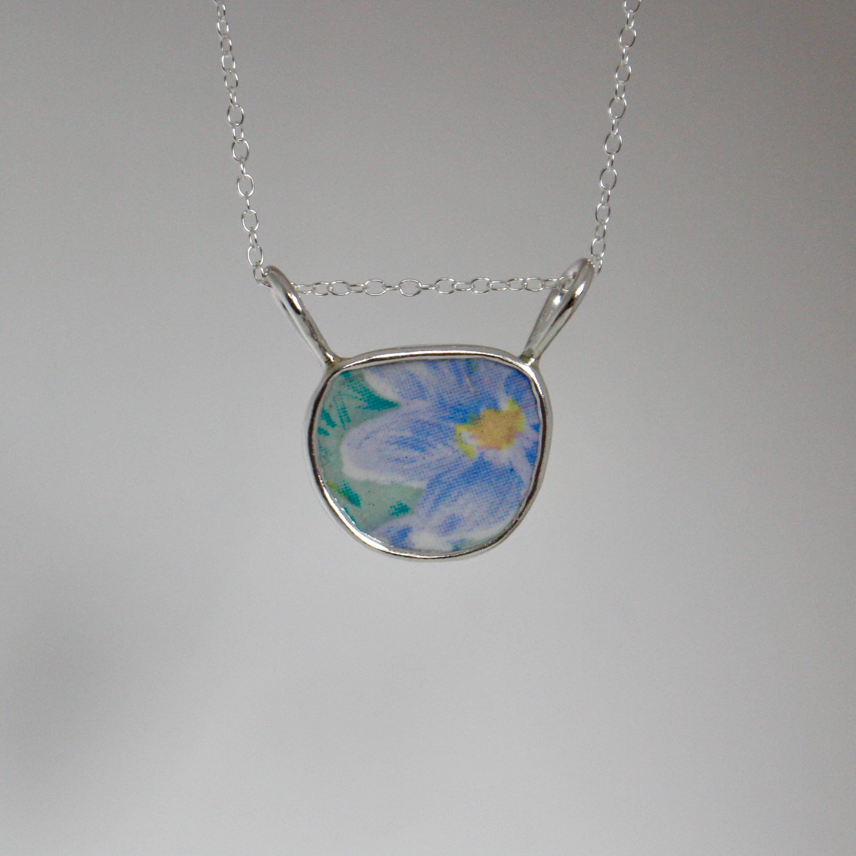 Azure Bloom Terra Necklace | Upcycled Pottery with Blue Daisy