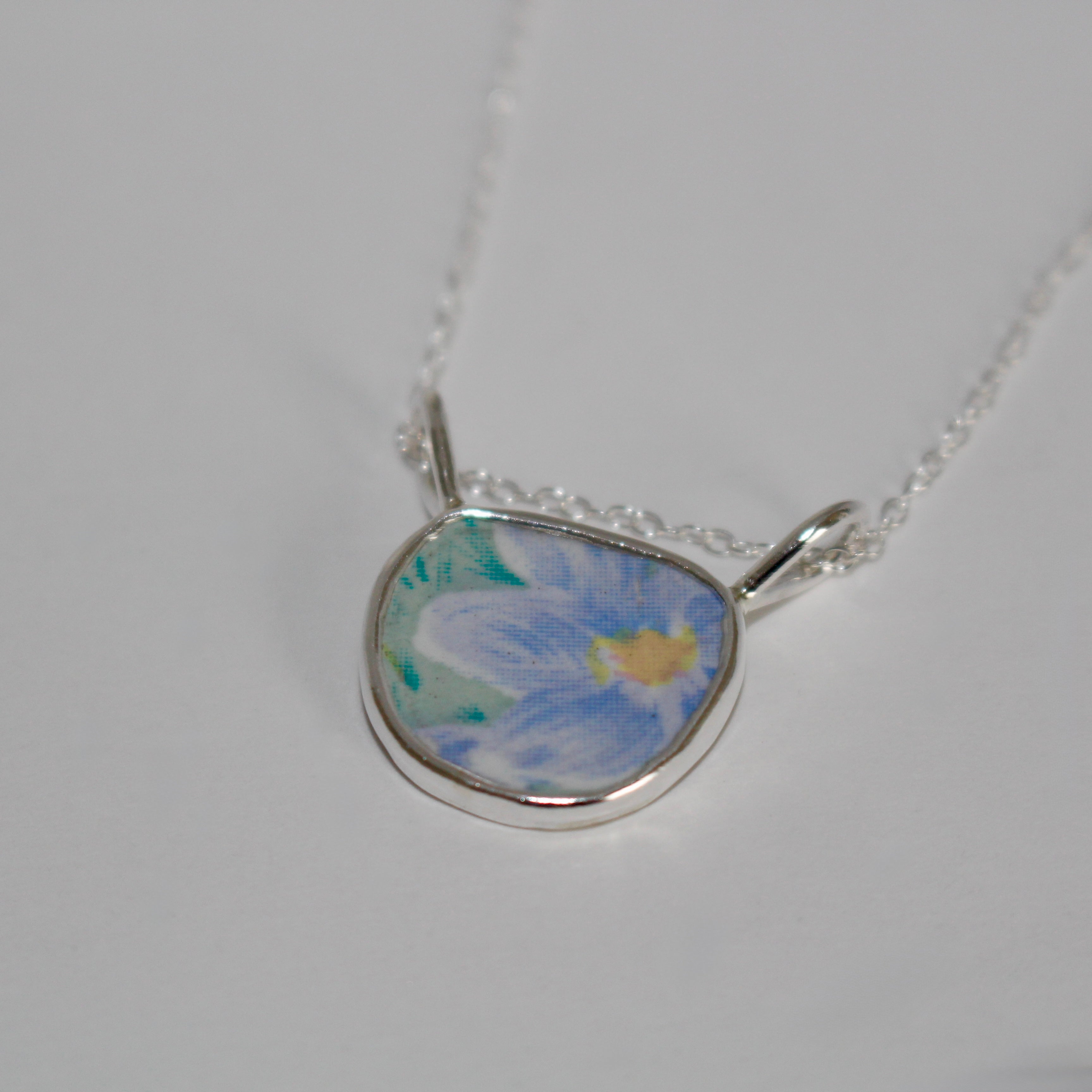 Azure Bloom Terra Necklace | Upcycled Pottery with Blue Daisy