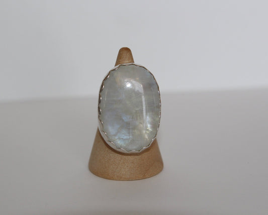 Gorgeous Rainbow Flash Moonstone Ring Set in Sterling Silver in Size 7.25