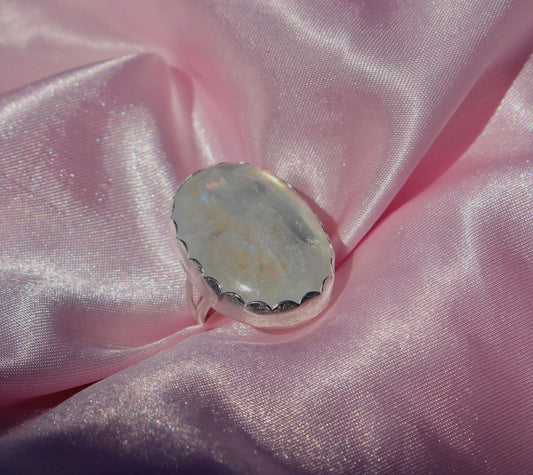 Gorgeous Rainbow Flash Moonstone Ring Set in Sterling Silver in Size 7.25