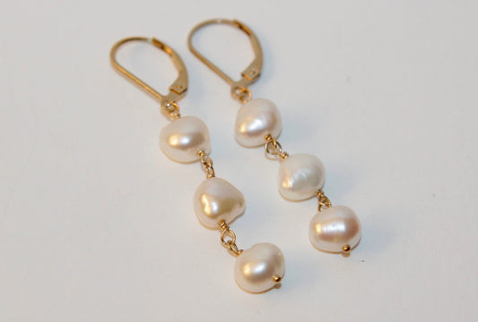 Triple Freshwater Pearl Earrings available in Sterling Silver and 14k Gold