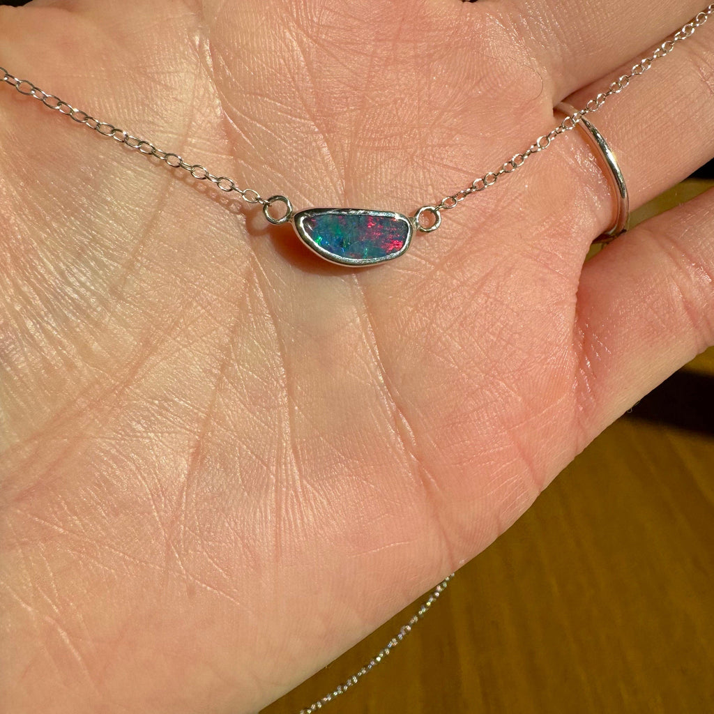 Sterling Silver Australian Opal Necklace – 16 Inch Chain, Handmade Pendant