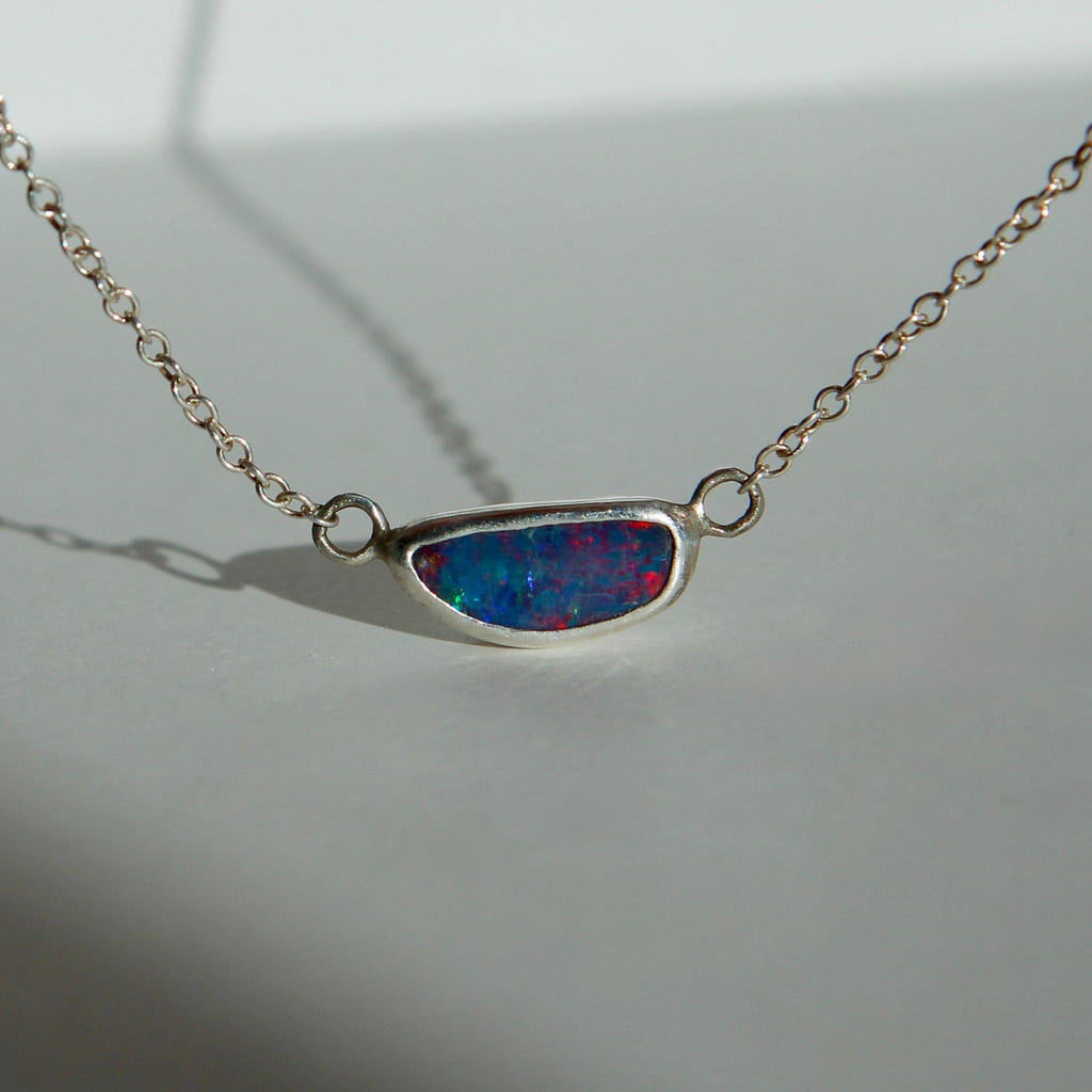 Sterling Silver Australian Opal Necklace – 16 Inch Chain, Handmade Pendant
