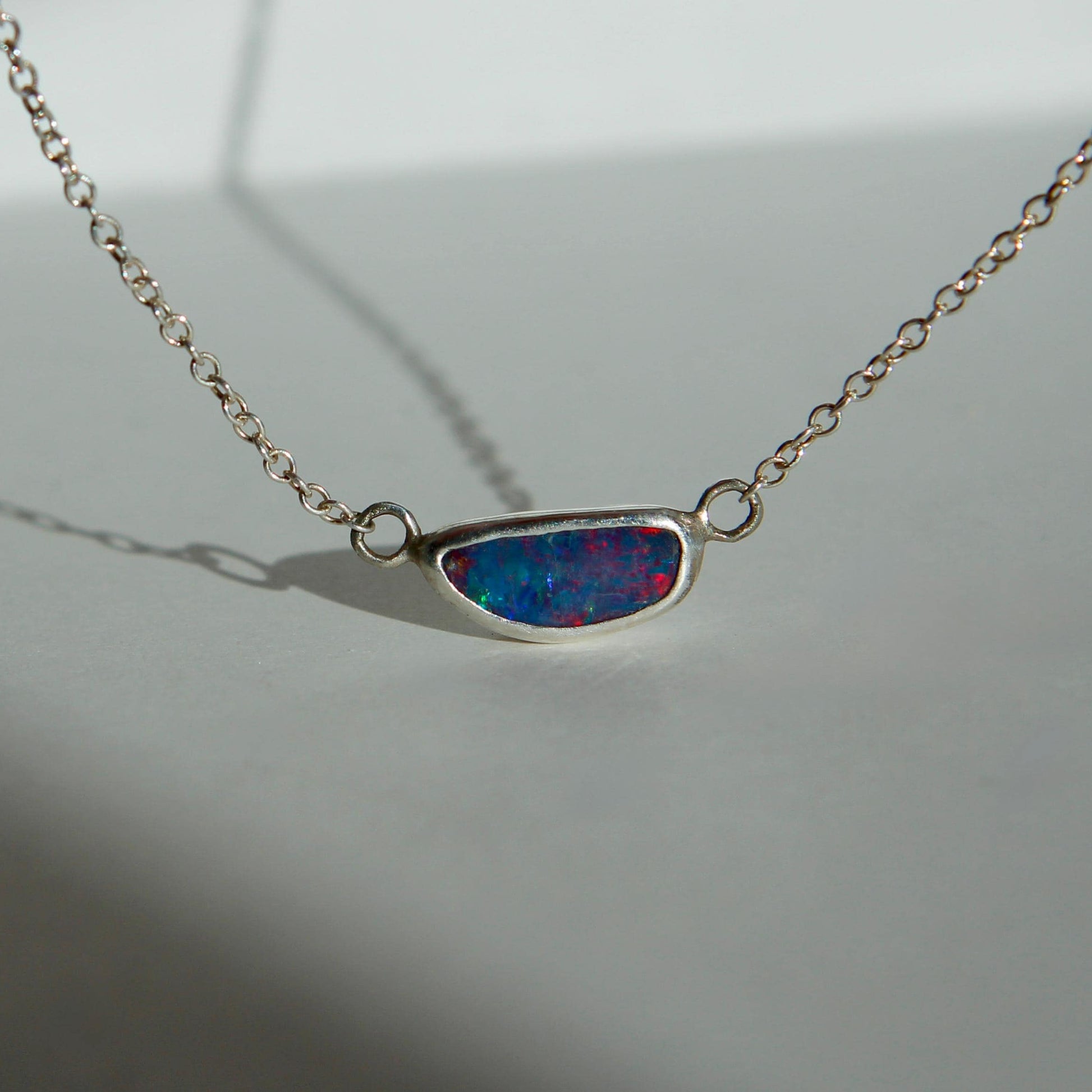 Sterling Silver Australian Opal Necklace – 16 Inch Chain, Handmade Pendant