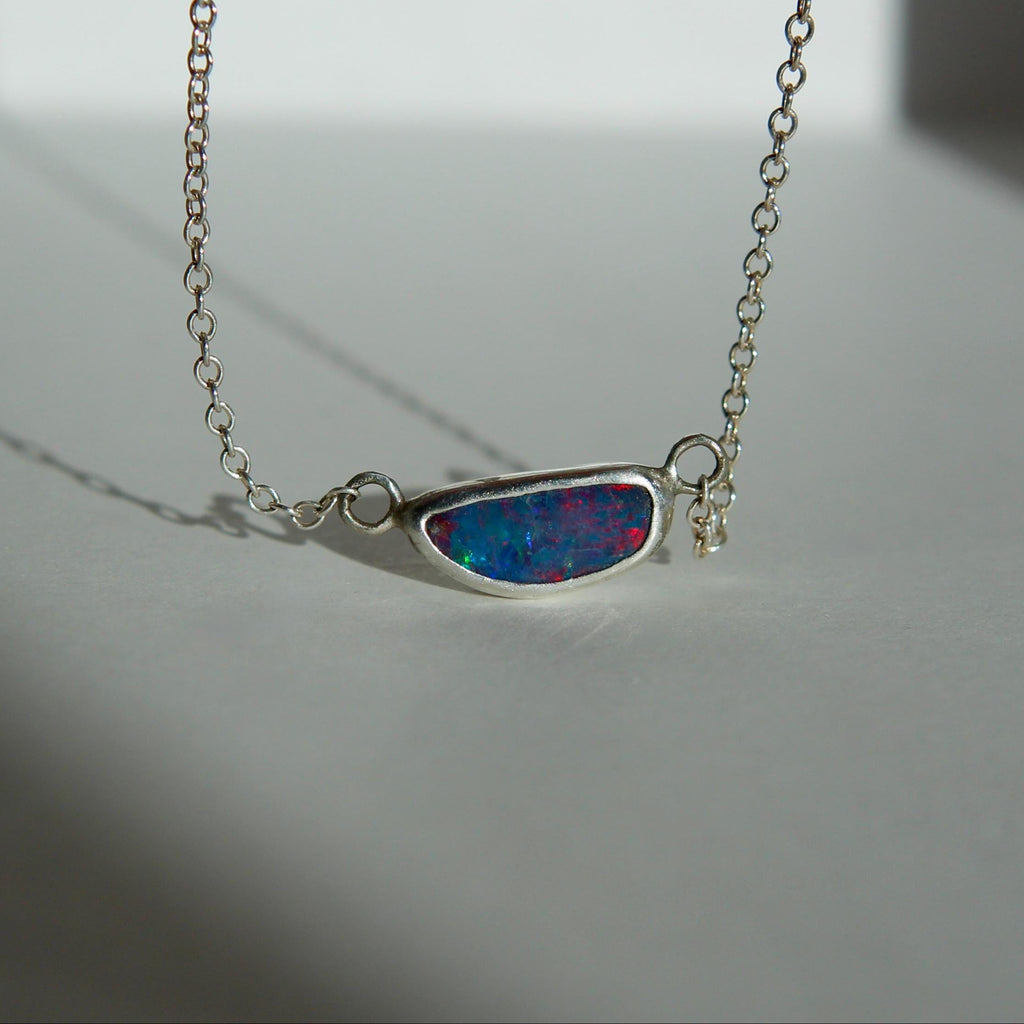 Sterling Silver Australian Opal Necklace – 16 Inch Chain, Handmade Pendant
