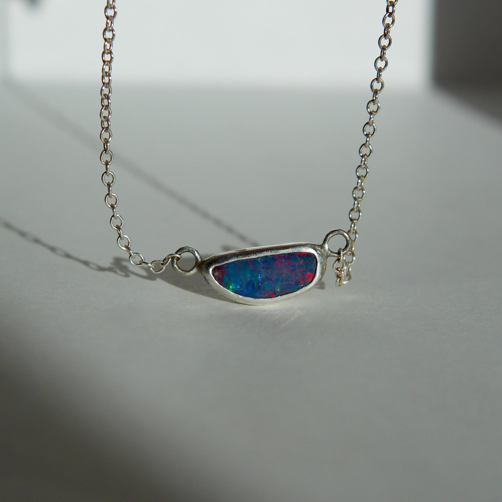 Sterling Silver Australian Opal Necklace – 16 Inch Chain, Handmade Pendant