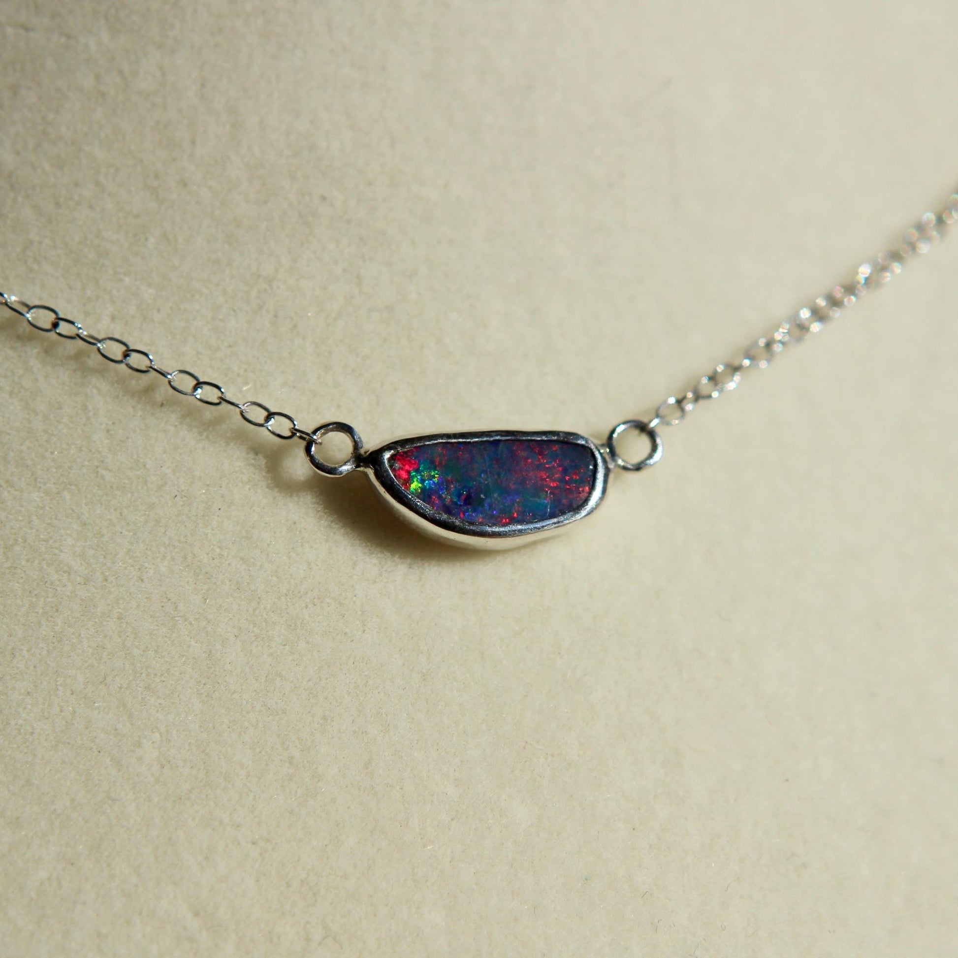 Sterling Silver Australian Opal Necklace – 16 Inch Chain, Handmade Pendant