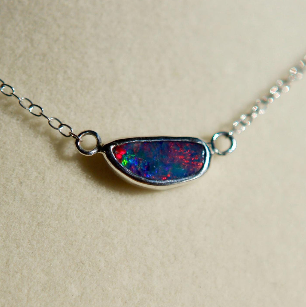 Sterling Silver Australian Opal Necklace – 16 Inch Chain, Handmade Pendant