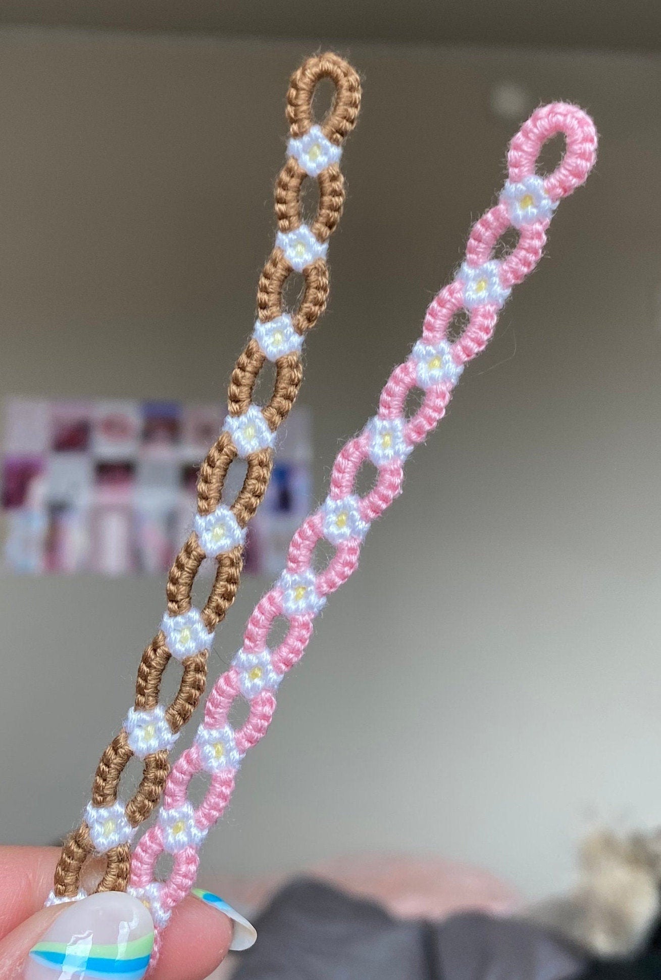Light pink string bracelet with colourful beads and flowers