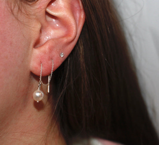 Pearl Drop Threader Earrings Available in Sterling Silver and 14K Gold-Fill