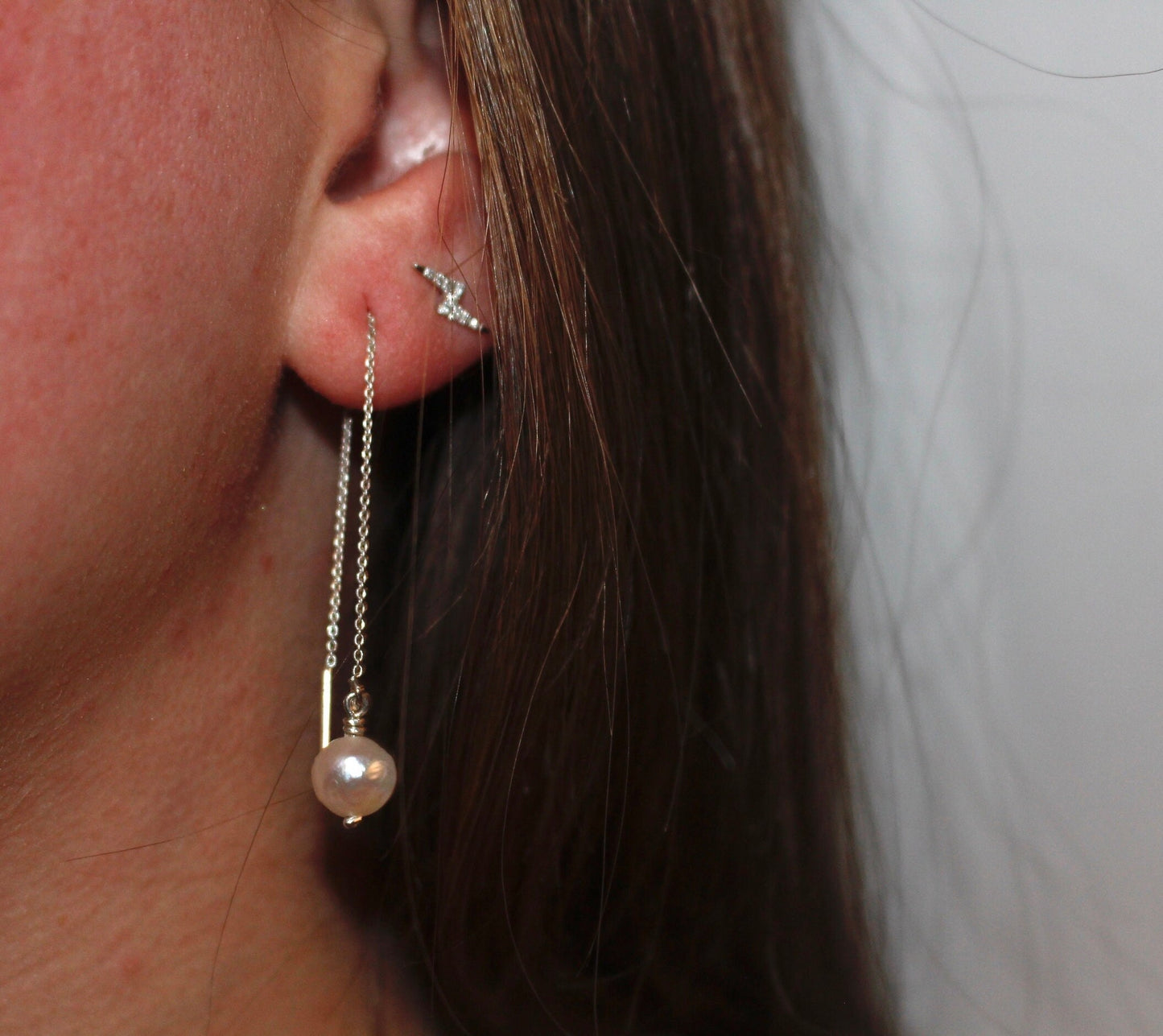 Pearl Drop Threader Earrings Available in Sterling Silver and 14K Gold-Fill